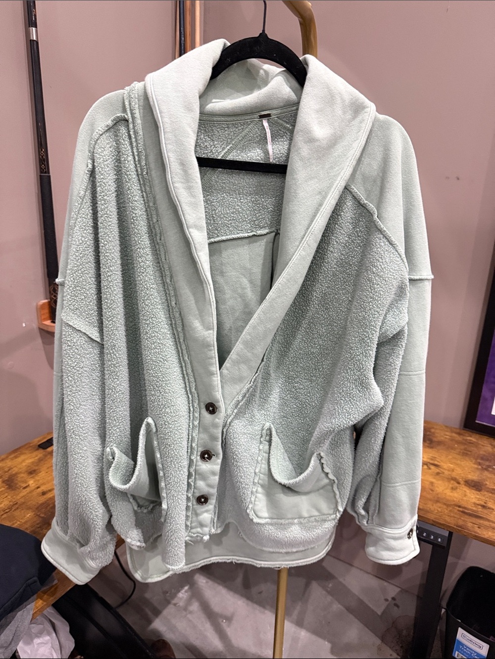 Free People Light Mint Button-Front Teddy Jacket